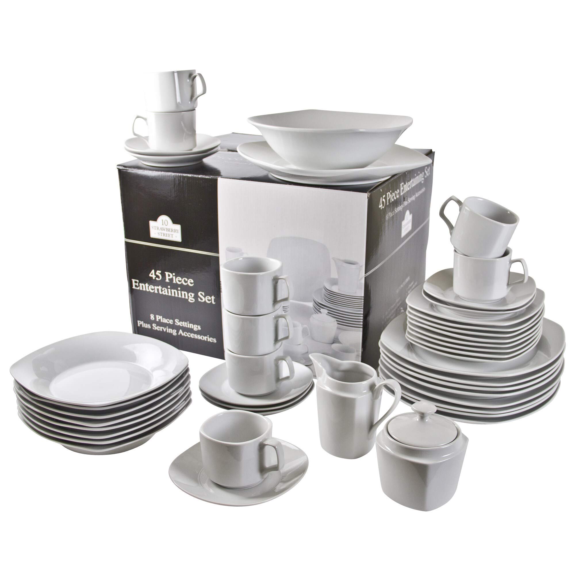 45-Piece Square Dinnerware Set - White Porcelain Round Plates & Bowls, Dishwasher & Microwave Safe for Casual Dining, Family Gatherings & Everyday Use