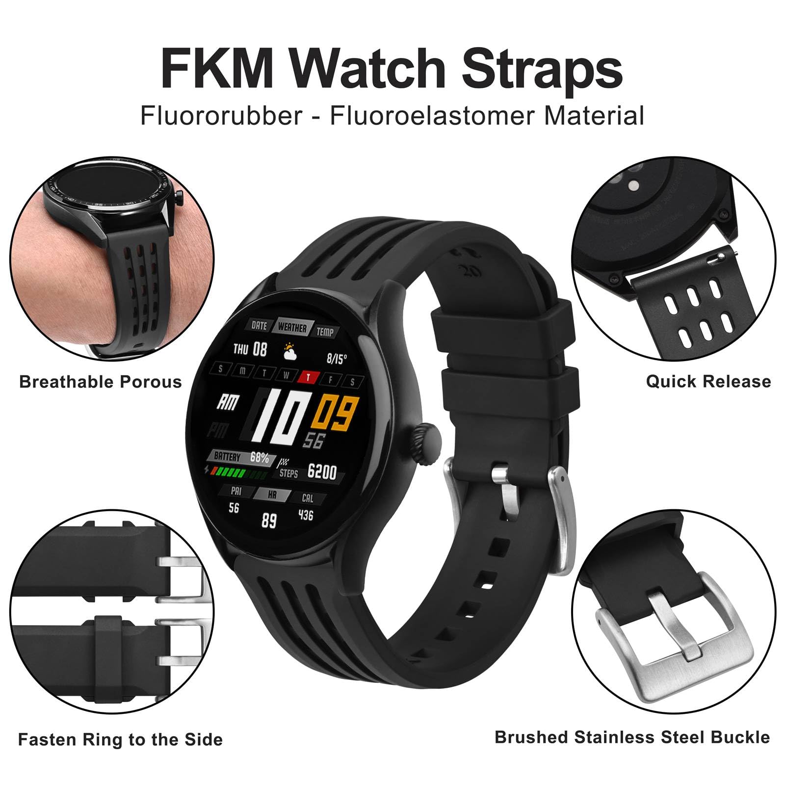 WOCCI 20mm Rally Watch Band - Premium FKM Rubber Strap with Quick Release & Silver Brushed Buckle - Durable Black Watch Strap for Men - Perfect for Racing, Sports & Outdoor Adventures