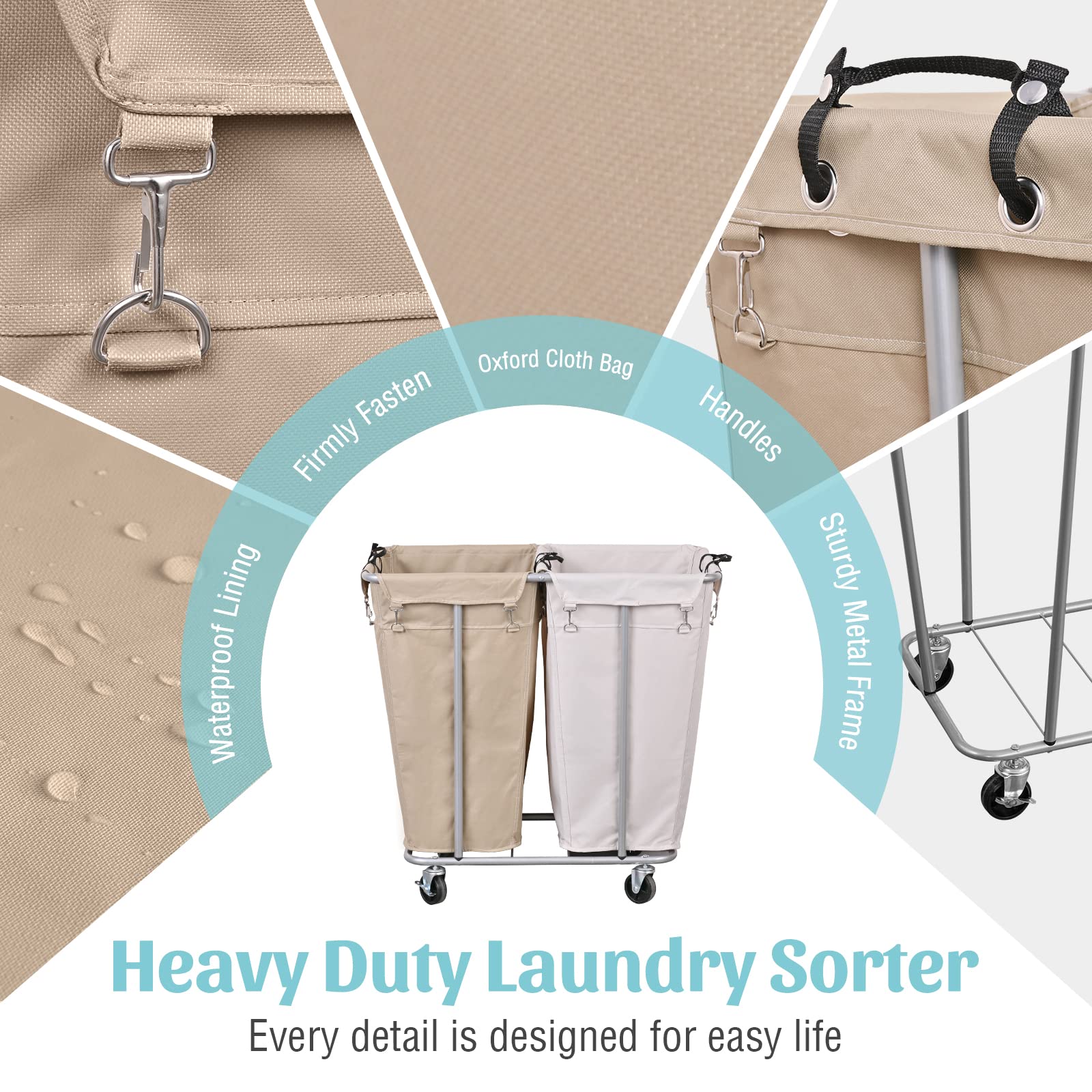 PLKOW 280L Large Rolling Laundry Cart with Wheels - 2 Section Commercial & Home Laundry Sorter with Steel Frame & Removable Bags (8 Bushel, 32.3