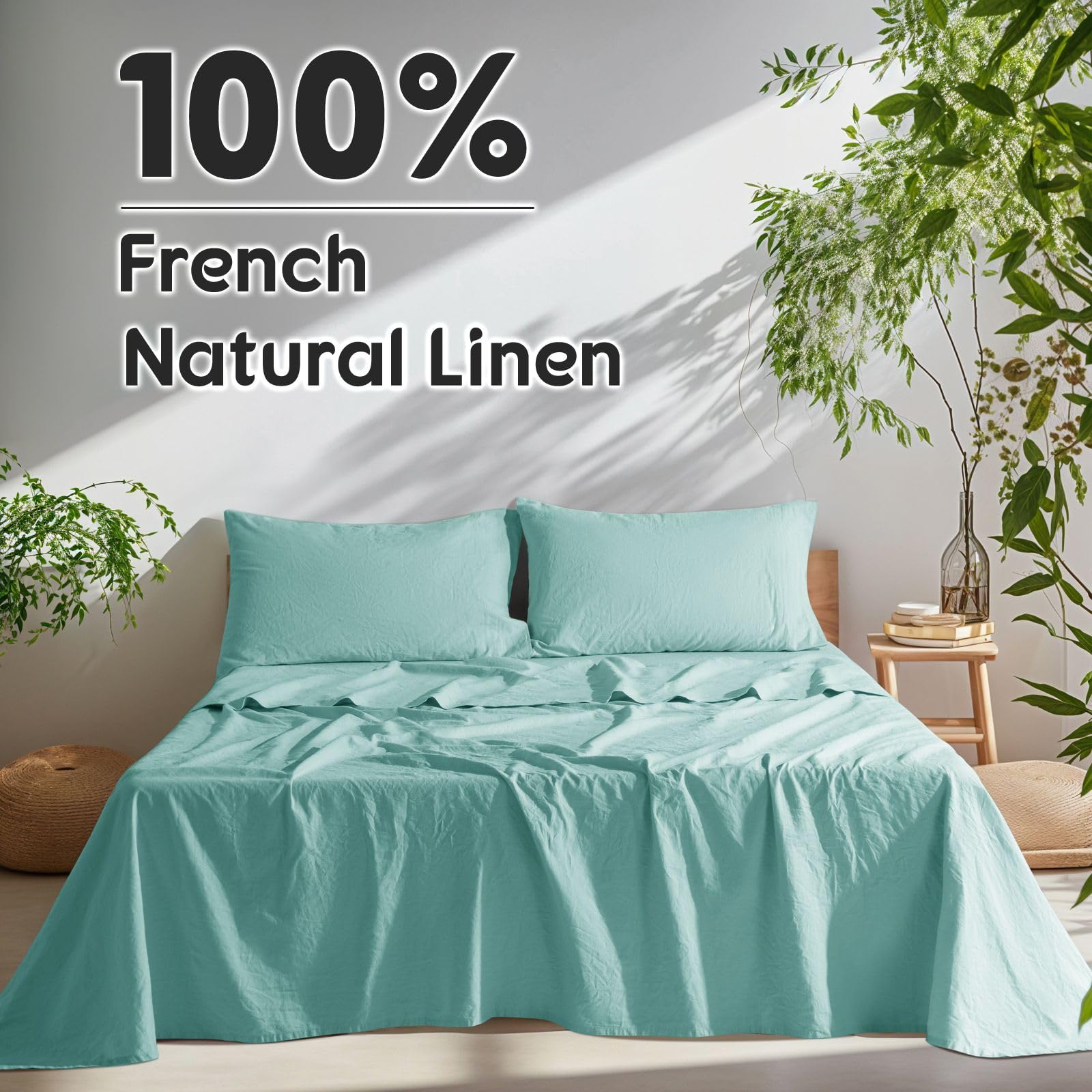 SONORO KATE 100% French Pure Linen Queen Size Sheet Set - Breathable, Durable & Anti-Tear Bedding, 16