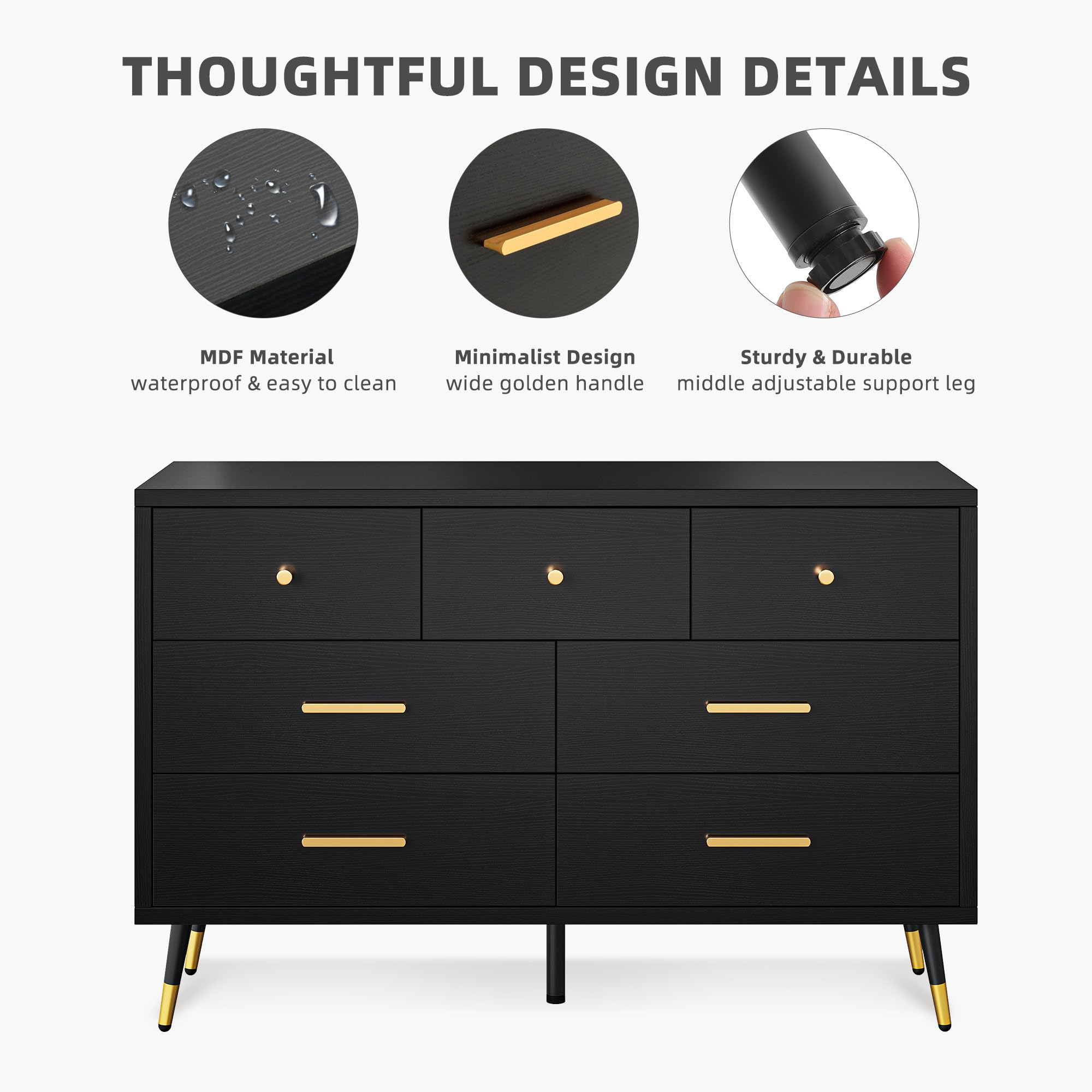 Modern Black 7-Drawer Dresser with Metal Handles - 47