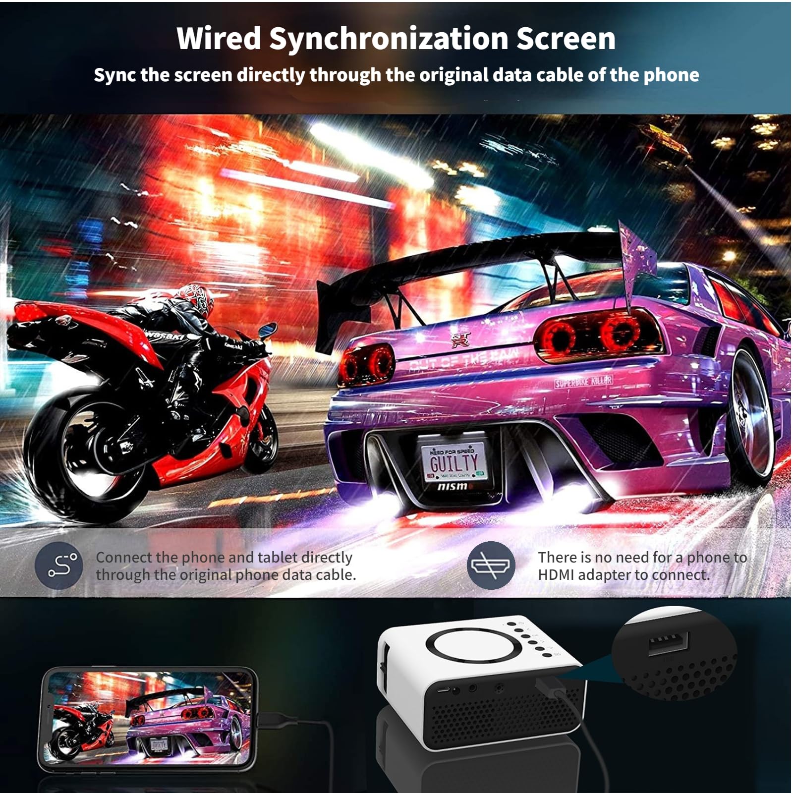 Portable Mini HD 1080P Projector with Built-in 4Ω 2W Speakers & Eye Protection - Home Theater Movie Projector for iOS, Android, Laptop (White) - Perfect for Movie Nights, Gaming & Outdoor Entertainment