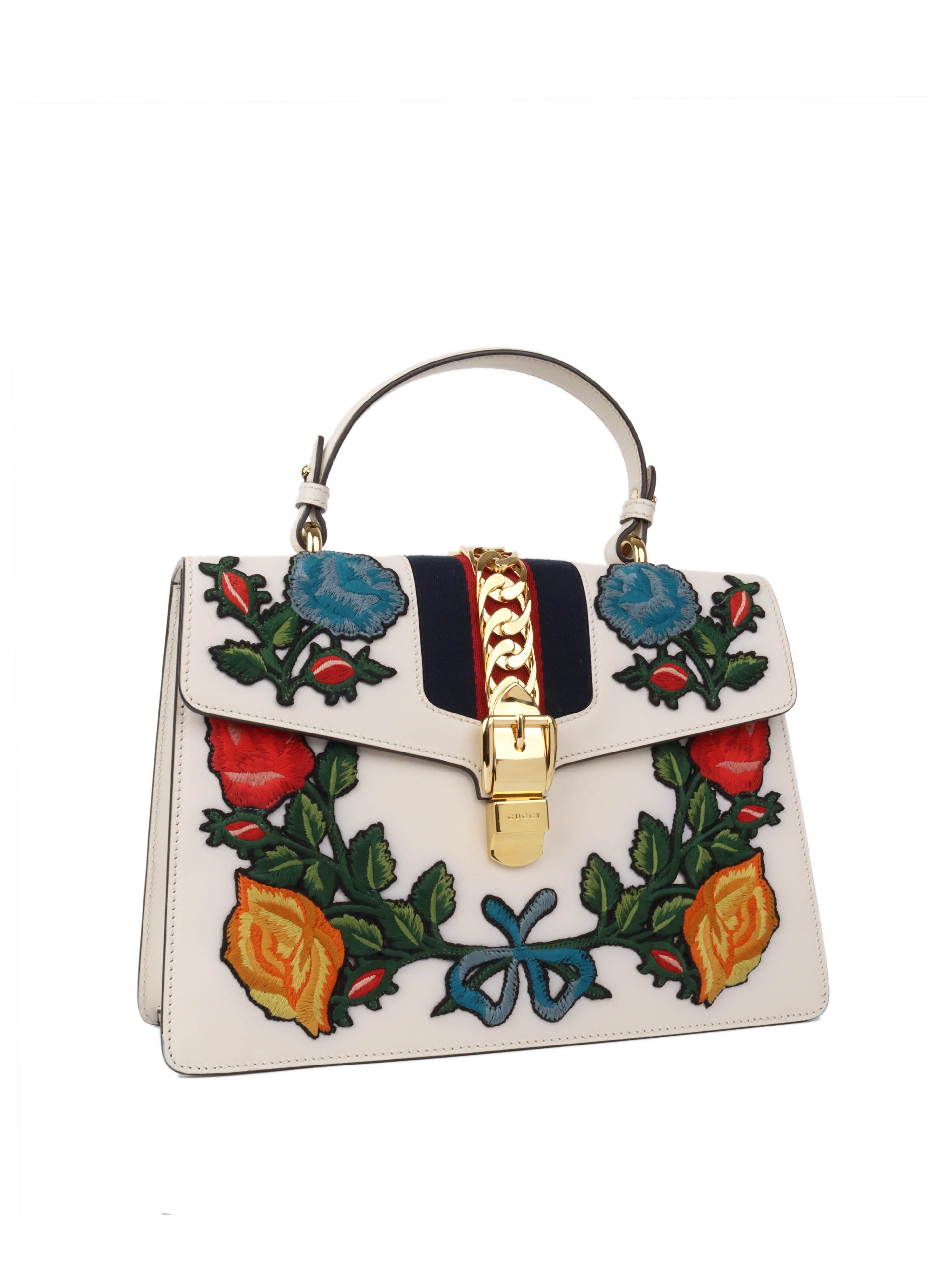 Gucci White Smooth Calfskin Leather Floral Embroidered Medium Sylvie Top Handle Bag for Women | Luxury Designer Handbag for Work, Party & Everyday Use
