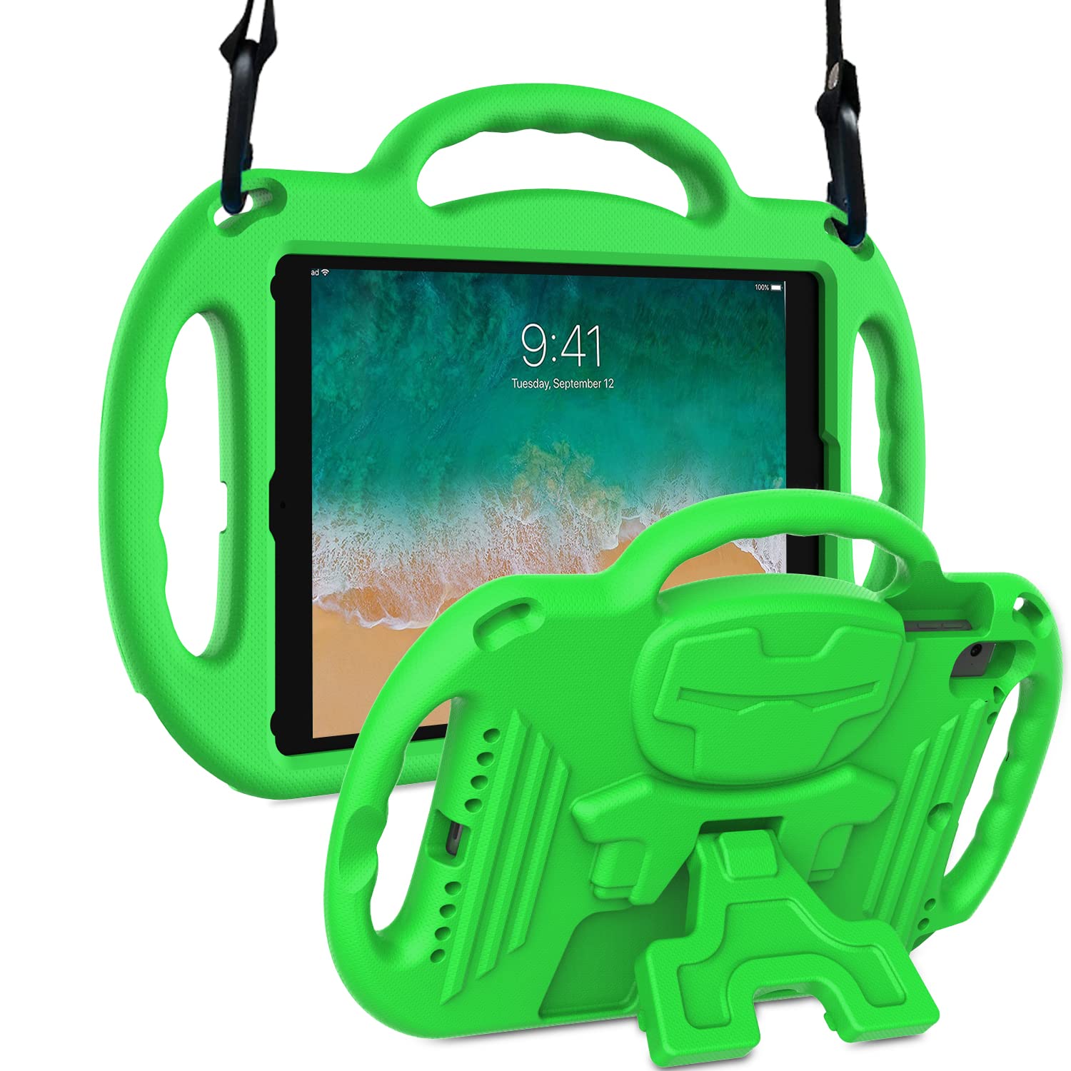 SUPNICE Shockproof Kids iPad Case with Shoulder Strap & Handle - Compatible with iPad 6th/5th Gen (2018/2017), iPad Air 2/1/Pro, 9.7 Inch - Lightweight Protective Cover for School, Travel & Outdoor Play (Green)
