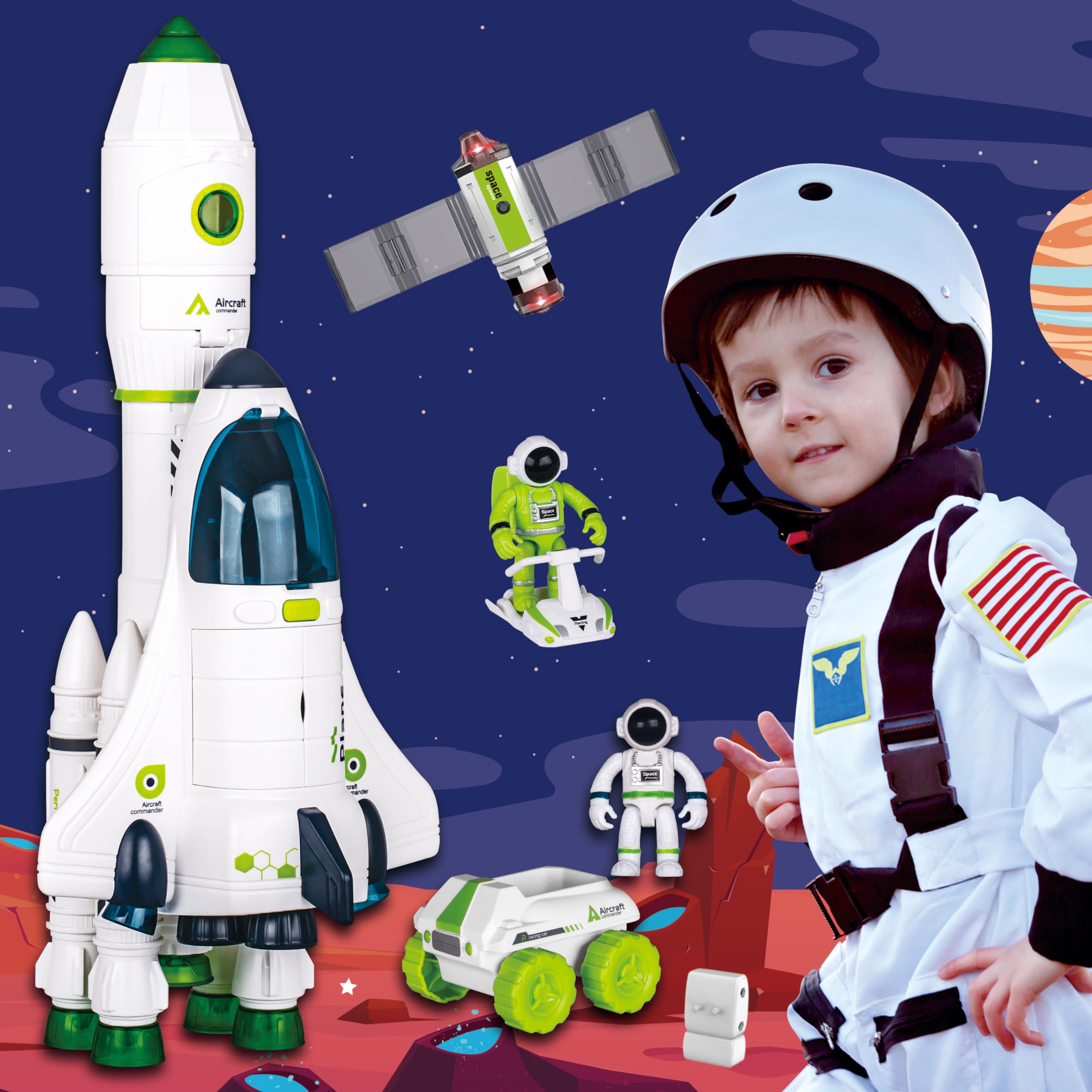 Space Rocket Shuttle Toy Set with Lights & Sounds - STEM Educational Spacecraft Airplane Toys for Kids Ages 3-8 - Includes Astronaut Figures - Perfect Birthday Gift for Boys & Girls - Great for Imaginative Play, Space Exploration Learning & Bedtime Adventures
