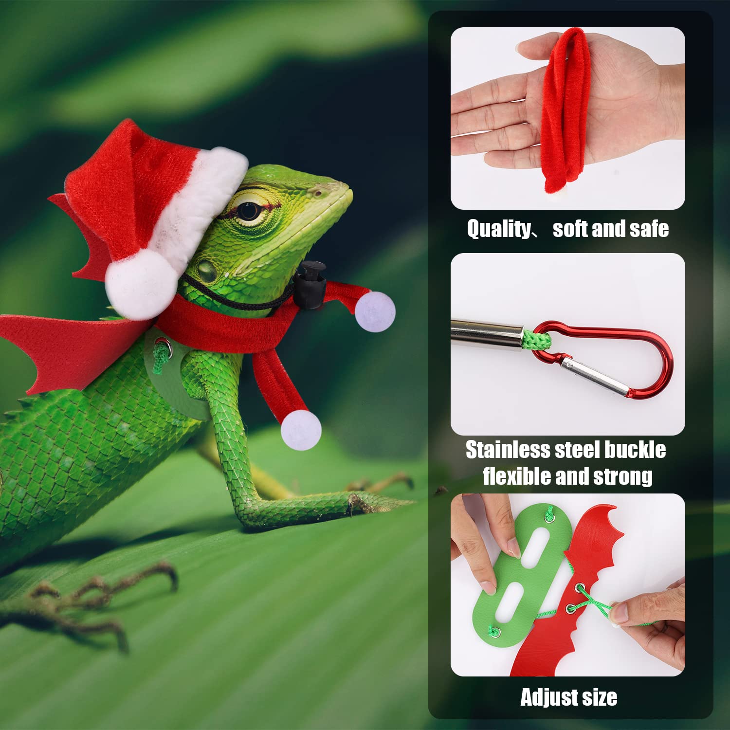 Bearded Dragon Christmas Costume Set - Santa Hat, Scarf & Leash for Reptile Holiday Cosplay (Green & Red) - Perfect for Festive Pet Photos