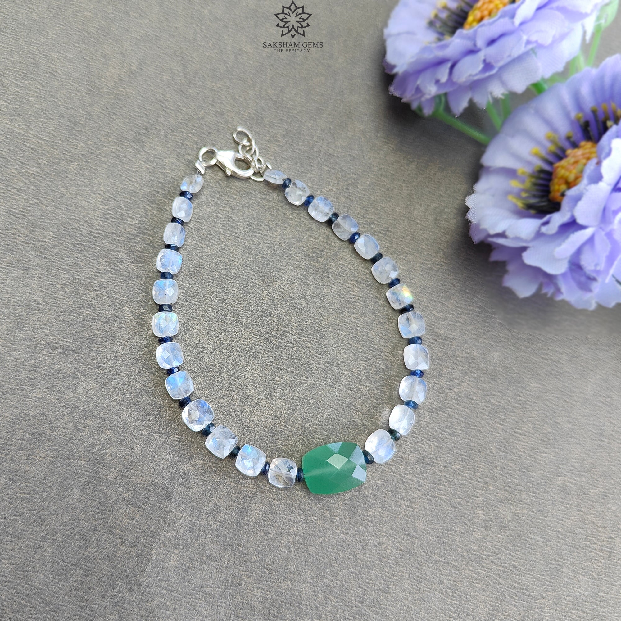 Green Quartz Rainbow Moonstone Blue Sapphire 925 Sterling Silver Beaded Bracelet - 3.56gms Briolette Checker Cut Gemstone Jewelry for Women | Perfect for Boho Style, Wedding Accessories & Gift Giving