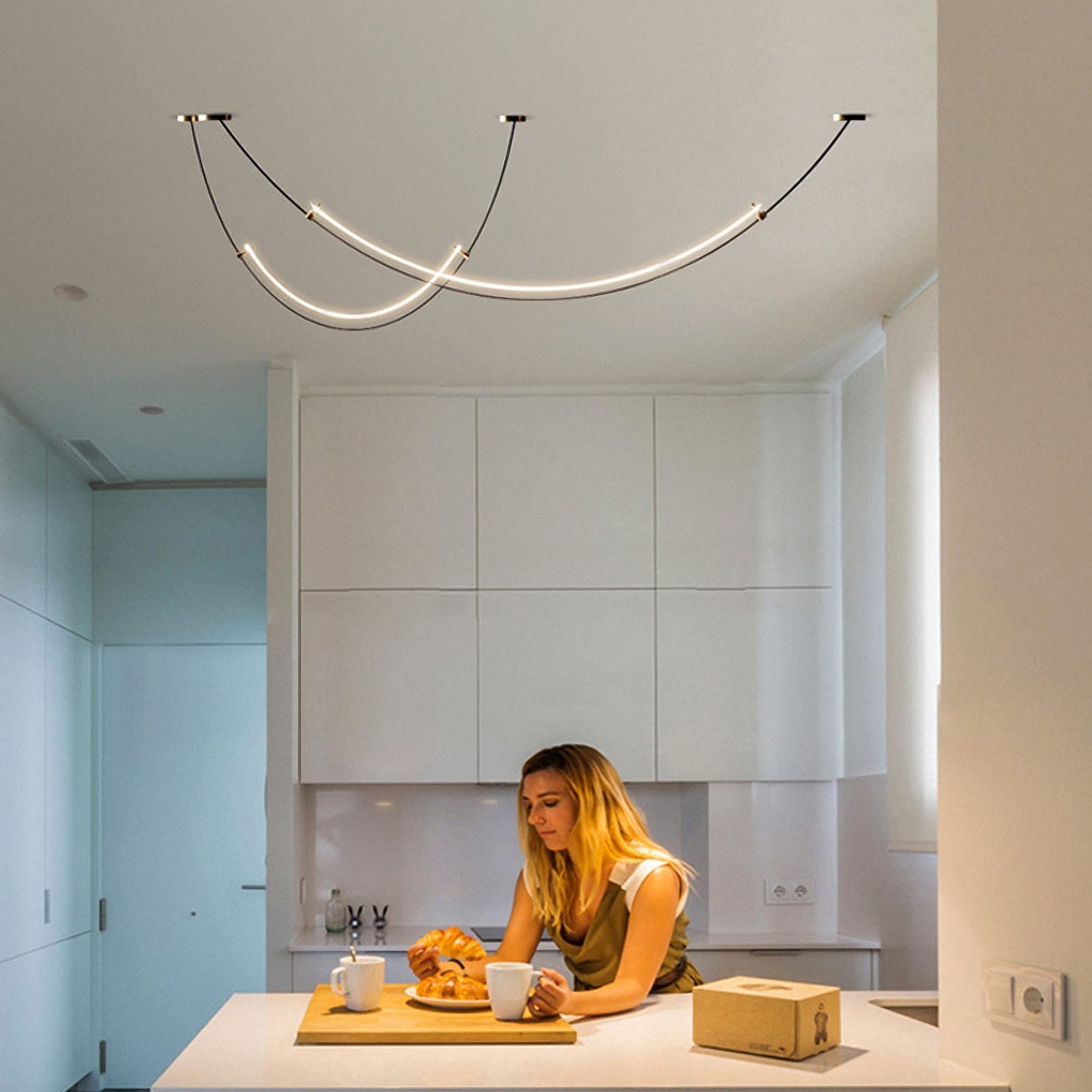 Nordic Black Linear Hanging Light - Adjustable 2-Light LED Pendant with Black Metal Body for Dining Room, Living Room, Bedroom & Bar | Modern Minimalist Lighting for Home Decor