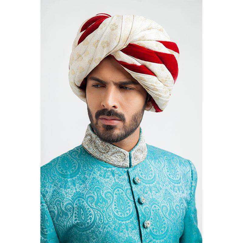 Bright Turquoise Pure Jamavar Silk Sherwani for Men - Elegant Indian Wedding Attire & Formal Occasions