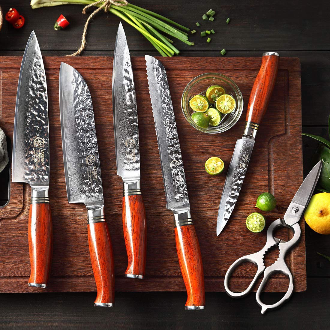 YARENH 8-Piece Professional Damascus Chef Knife Set - High Carbon Stainless Steel Blades, 73 Layers, Full Tang with Dalbergia Wood Handle & Walnut Block - Perfect for Home Cooking, Professional Kitchens & Culinary Gifts