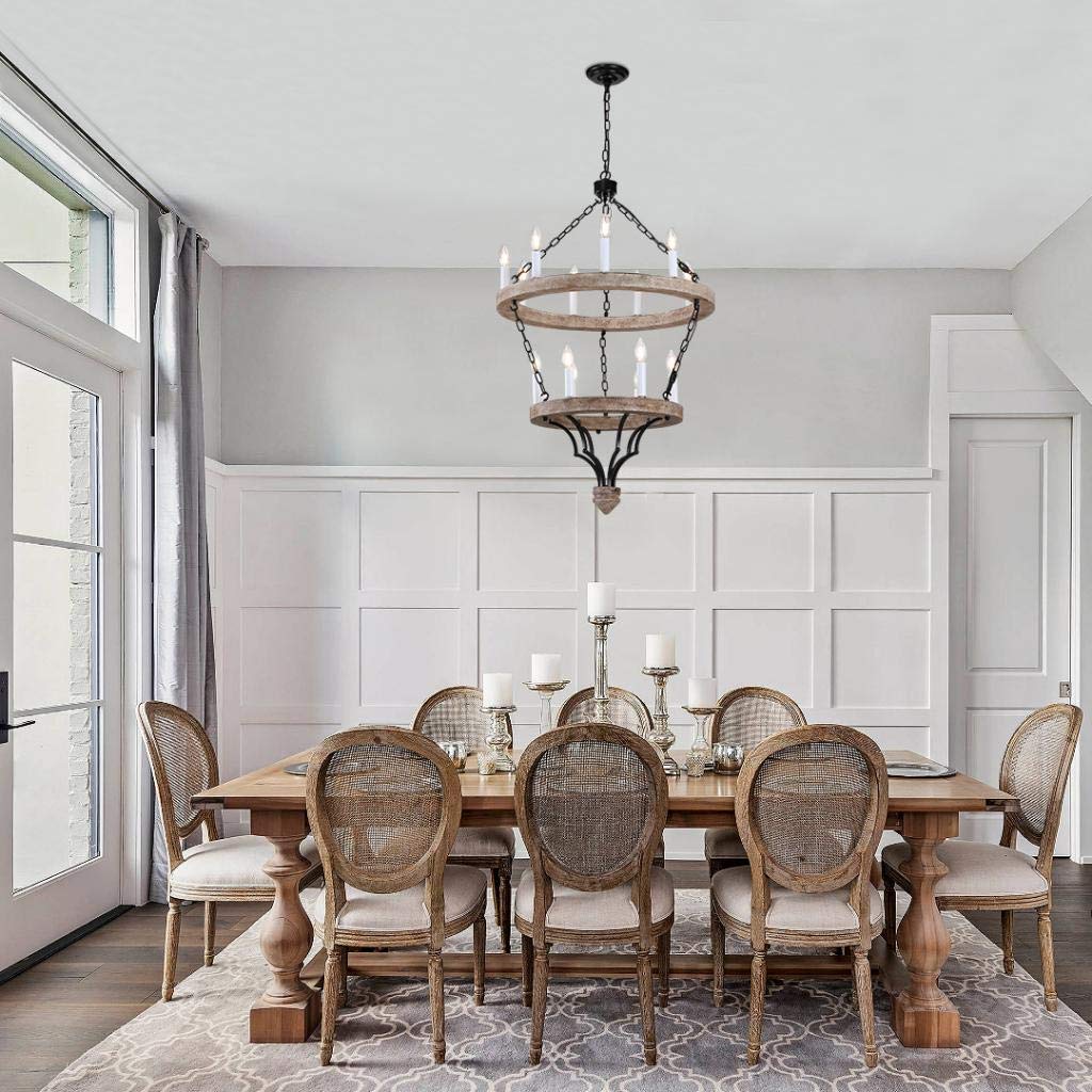 Joselyn Grand 15-Light French Country Cottage Rustic Chandelier - Two-Tiered Wood Frame Ceiling Lamp (25.6 Inch Wide) - Perfect for Farmhouse Dining Room, Rustic Kitchen, or Bedroom Lighting