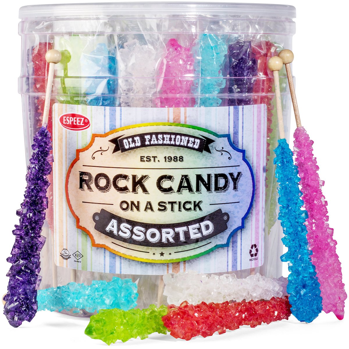 36 Extra Large Assorted Rock Candy Sticks - Bulk Party Favors for Birthdays, Weddings, Baby Showers - Colorful Crystal Sugar Candy for Dessert Tables, Gift Bags & Candy Buffets - Espeez Brand