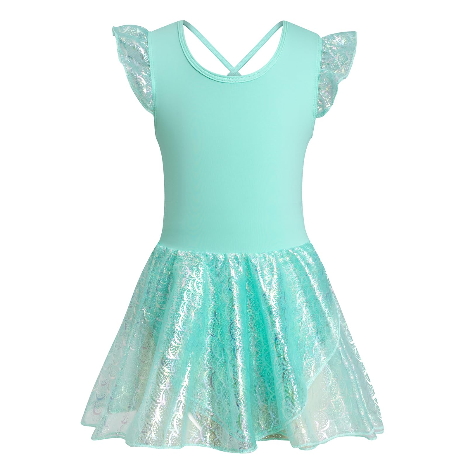 Phineein Girls' Flutter Sleeve Criss-Cross Back Dance Leotard - Ballet Gymnastics Leotard with Dress Cutout Back for Kids Dance Class & Performance