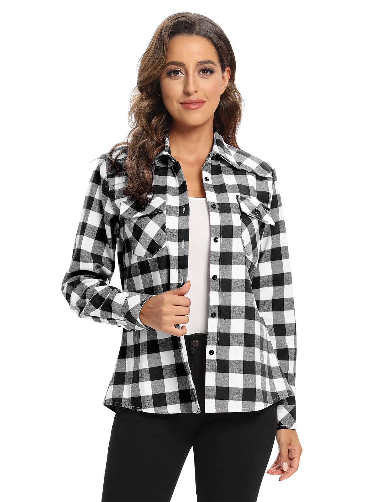 OCHENTA Women's Flannel Shirt Jacket - Soft Plaid Long Sleeve Fleece-Lined Shacket for Fall & Winter - Cozy Layering Top for Outdoor Activities, Camping, and Casual Wear