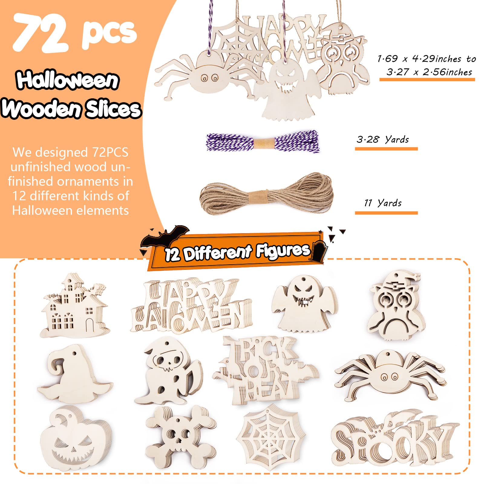 72PCS Unfinished Halloween Wood Ornaments - DIY Wood Cutouts for Hanging Decorations, Gifts & Crafts | Perfect for Halloween Party Decor, Home Decoration, and Seasonal DIY Projects