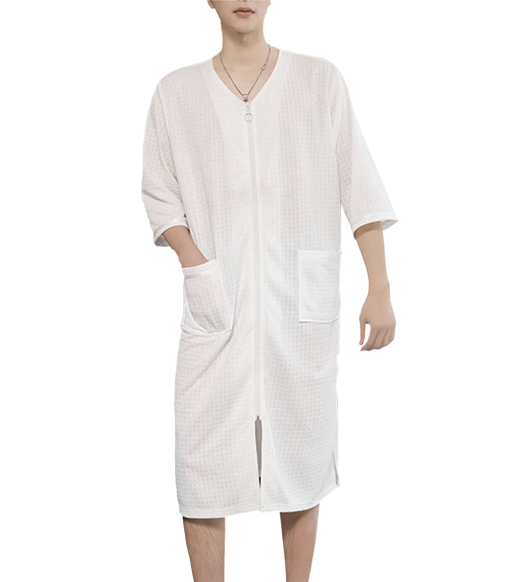 Men's & Women's Waffle Knit Zipper Robe - Soft Casual Loose Vintage Bathrobe for Home, Spa & Lounge Wear - Unisex Comfortable Nightgown & Dress Gown