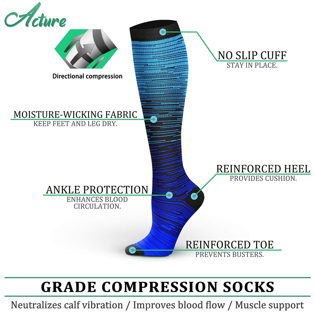 Acture 6 Pairs Compression Socks for Men & Women (15-20mmHg) - Best for Running, Sports, Medical Support, Pregnancy & Travel - Improve Circulation & Reduce Swelling for Athletes, Nurses & Frequent Flyers
