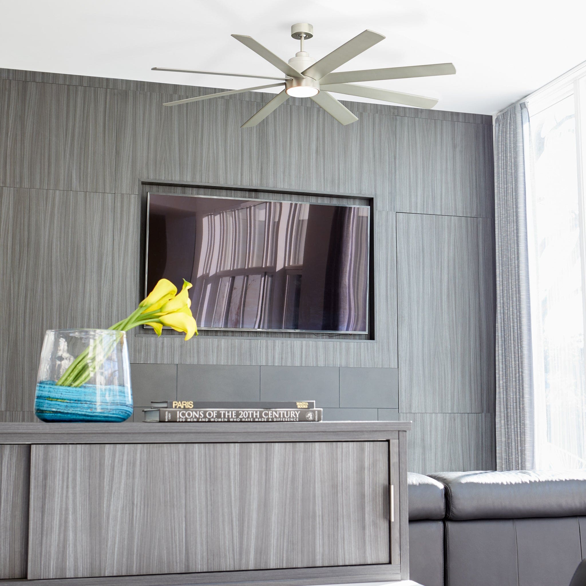Oxygen COSMO 3 100 24 Large 70 Inch Ceiling Fan with 6 Speed Reversible Motor - Damp Rated for Indoor/Outdoor Use - Satin Nickel Finish - Perfect for Living Room, Bedroom, Patio & Covered Porch