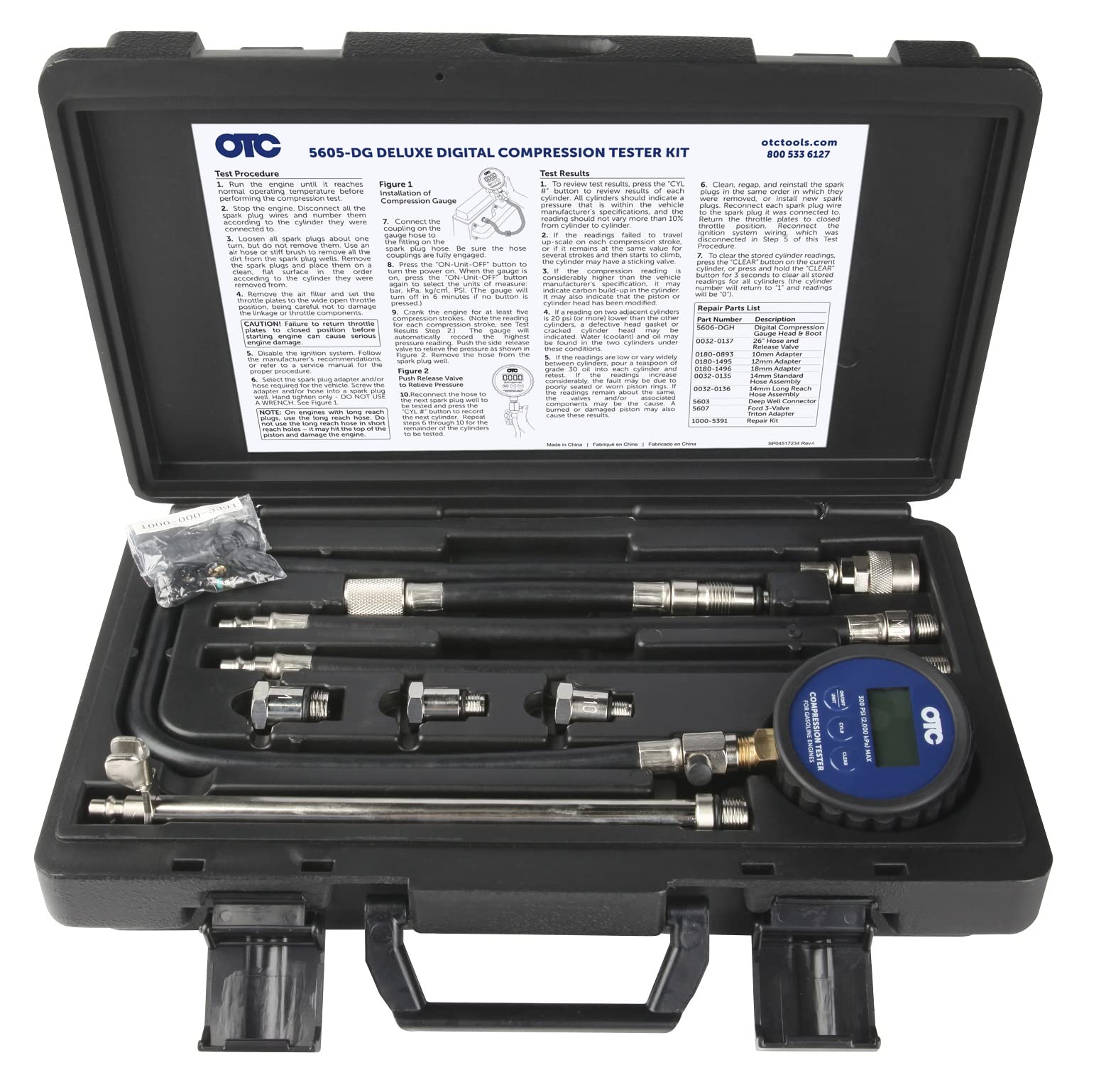 OTC 5605-DG Deluxe Digital Compression Tester Kit with Carrying Case - Professional Automotive Diagnostic Tool for Gasoline Engines | Perfect for Mechanics, DIY Car Repair & Engine Performance Testing