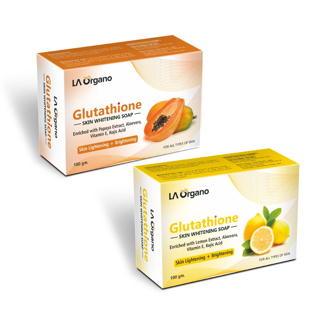 LA Organo Glutathione Lemon & Papaya Soap for Skin Lightening & Brightening - All Skin Types (Pack of 2) | Natural Skin Whitening & Glow Boosting Soap for Face & Body Care