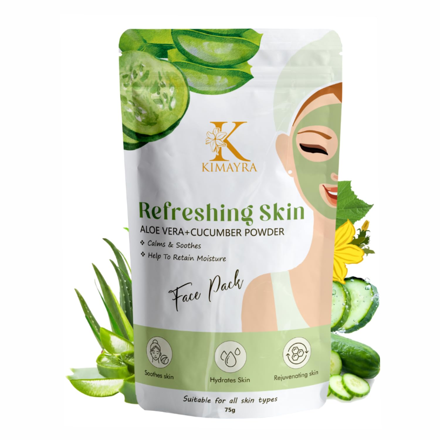 Kimayra Aloe Vera & Cucumber Face Pack Powder for Refreshing Skin - Moisturizing, Hydrating & Soothing Natural Face Mask for Women & Men - Safe for All Skin Types - 75g (Pack of 1) | Perfect for Daily Skincare Routine, Spa Days & Post-Sun Care