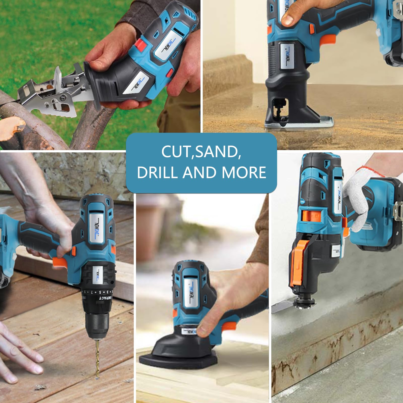 NEWONE 20V Cordless 5-Tool Combo Kit with Drill, Reciprocating Saw, Jigsaw, Oscillating Tool & Sander - Includes 2.0Ah Lithium Battery, Charger & Storage Case - Perfect for DIY Projects, Home Repairs & Woodworking Tasks