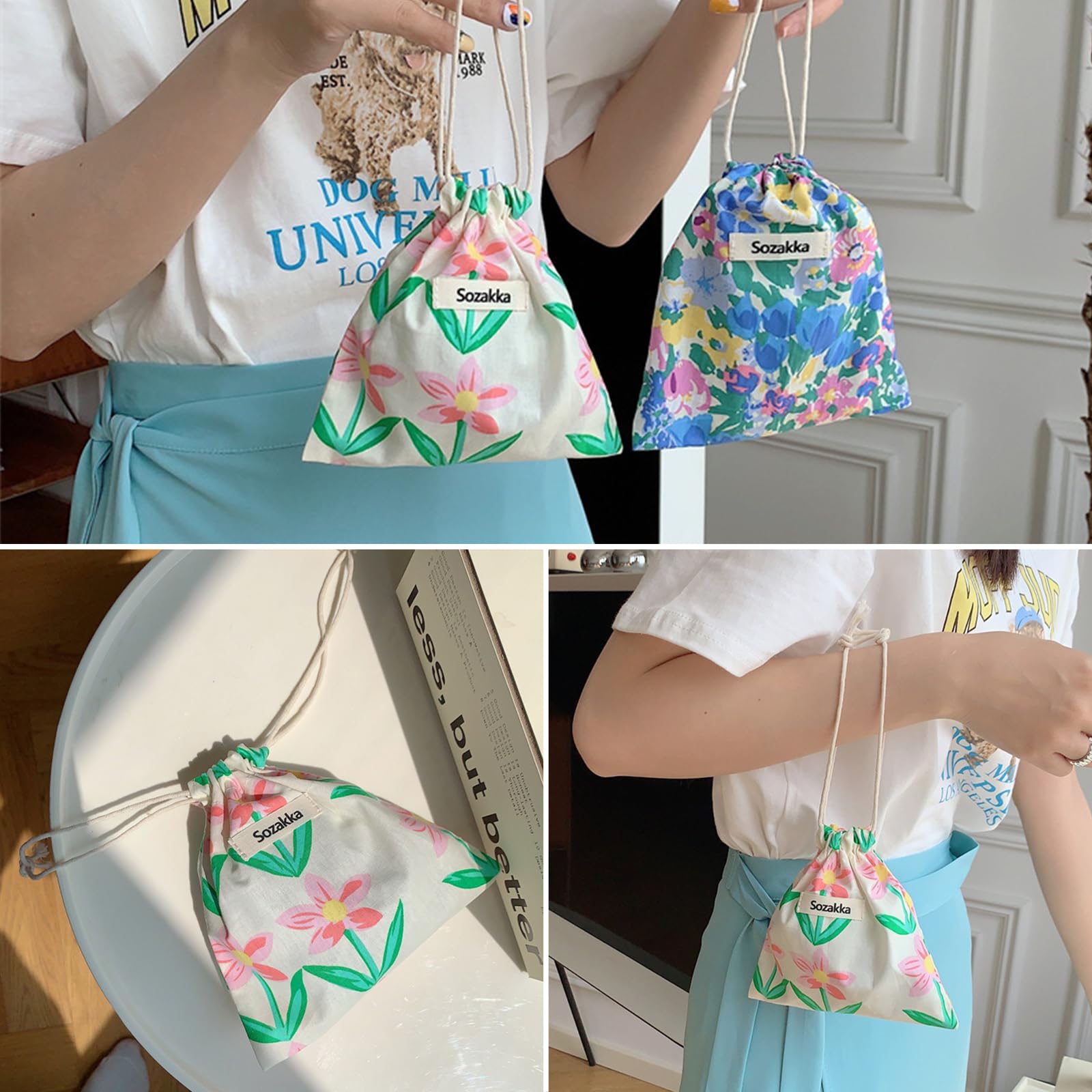 2Pcs Floral Makeup Bag for Women, Mini Drawstring Cosmetic Pouch - Portable Travel Makeup Organizer for Purse, Gym & Daily Essentials (Style A)