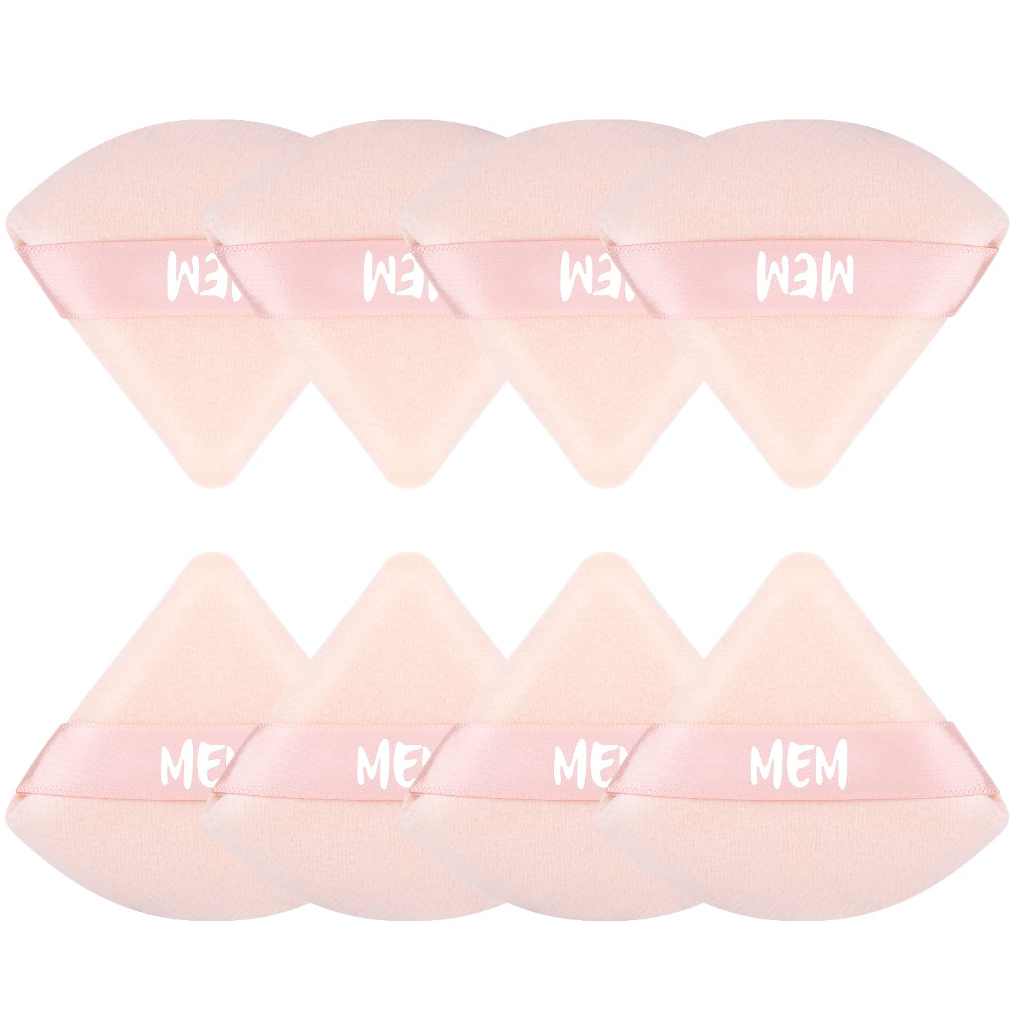 8-Piece MEM Triangle Powder Puff Set - Soft Velour Makeup Sponges for Face & Loose Powder (Wet/Dry Use) | Skin-Friendly Beauty Blenders with Satin Ribbon Handle | Perfect for On-the-Go Touchups & Professional Makeup Application