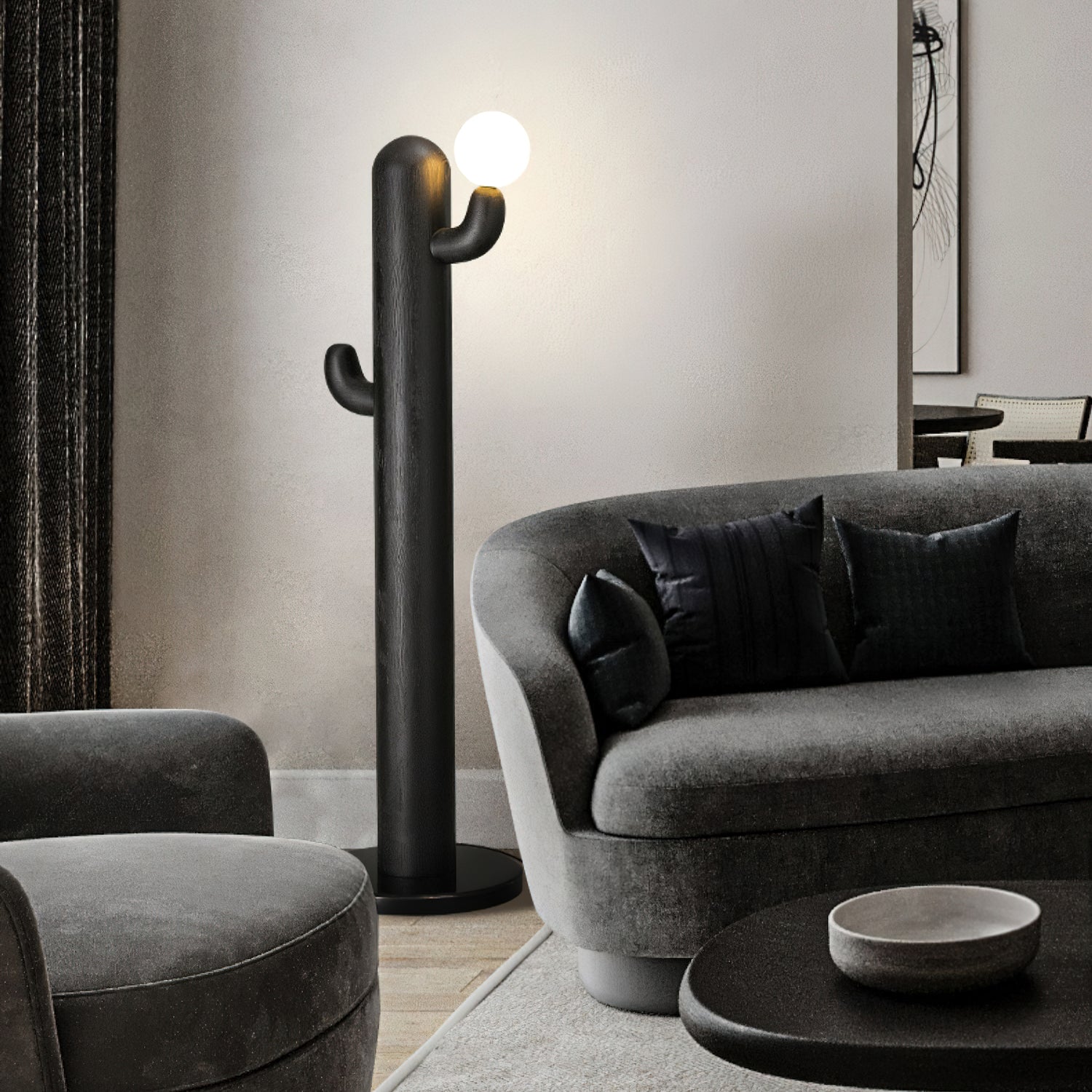 Modern Cactus Wood Floor Lamp - Handcrafted Natural Wood Standing Light for Living Room, Bedroom & Office - Perfect for Ambient Lighting and Home Decor