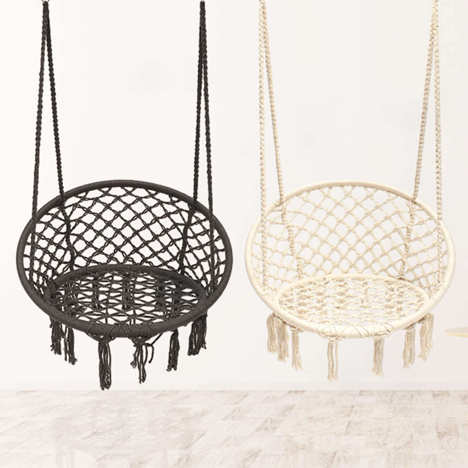Bohemian Style Macrame Hammock Chair Swing Set of 2 - Handmade Knitted Cotton Rope Hanging Chair with Tassels for Indoor Outdoor Use (Bedroom, Patio, Garden) - Supports Max 330 lbs - Beige & Black - Perfect for Relaxation, Meditation and Boho Home Decor