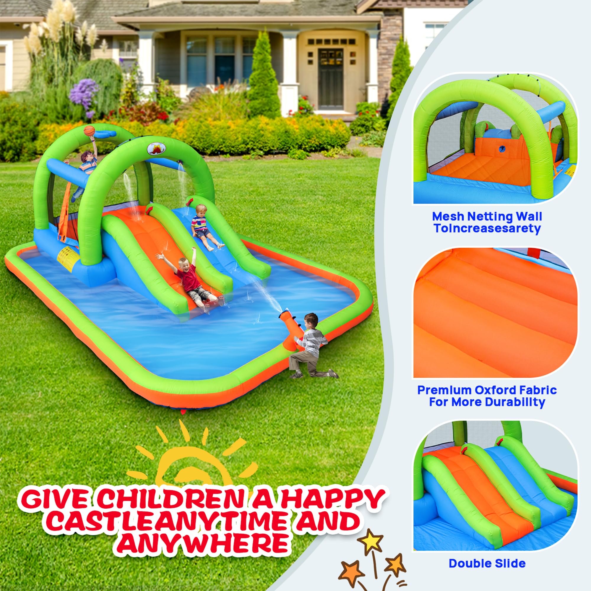 Best Inflatable Water Park with Blower - Bouncy House with Double Slide, Water Cannon & Basketball Hoop - Perfect for Backyard Parties, Summer Fun & Kids Outdoor Activities
