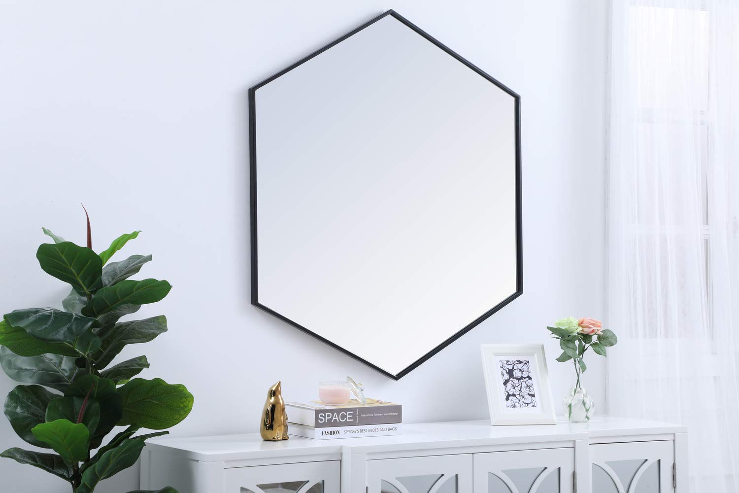 41 Inch Black Metal Frame Hexagon Mirror - Modern Wall Decor for Living Room, Bedroom & Bathroom