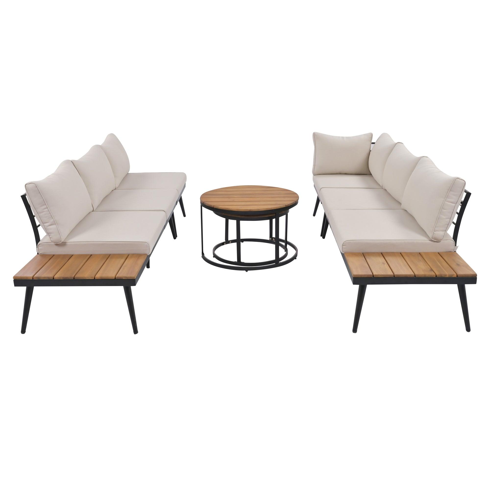 6-Piece Outdoor Sectional Sofa Set with Round Nesting Coffee Tables & Cushioned Seating - Patio, Porch, Garden Furniture for Backyard, Poolside & Outdoor Living Spaces