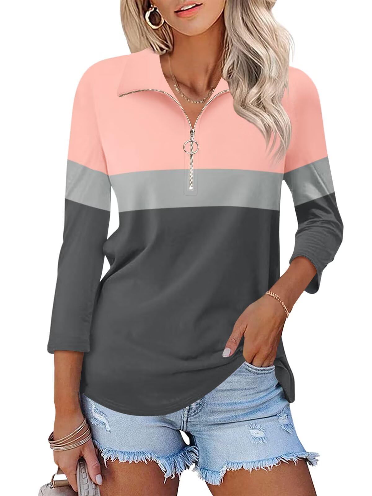 Women's 3/4 Sleeve V-Neck Polo Shirts with Zipper - Solid & Color Block Collared Tops for Casual Wear, Office & Outdoor Activities