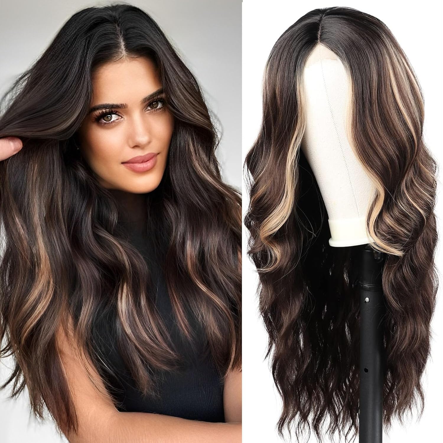VSAKSH 26 Inch Long Curly/Wavy Synthetic Wig with Middle Part & Golden Highlights for Women - Perfect for Cosplay, Halloween, and Daily Fashion