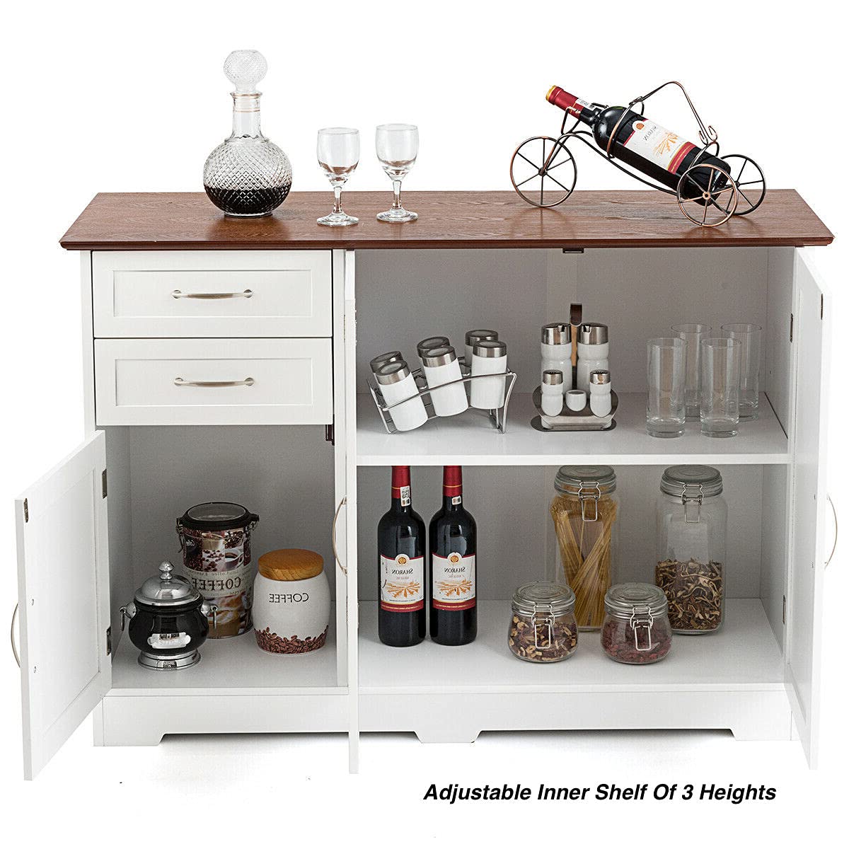 White Buffet Server Console Table - Kitchen & Dining Room Cabinet with 2 Sliding Drawers, 1 Large & 1 Small Cabinet - Versatile Pantry Sideboard Cupboard for Home, Bedroom & Living Room - Perfect for Storage, Serving & Display