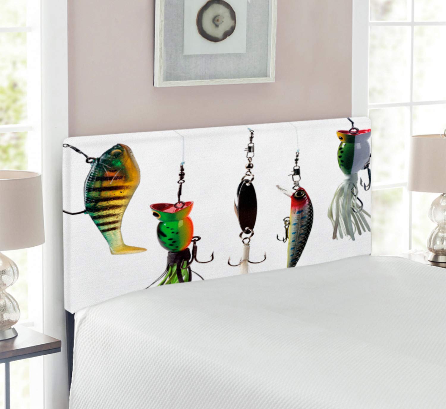 Ambesonne Fishing Themed Upholstered Headboard with Memory Foam - Twin Size Multicolor Decorative Metal Bed Frame for Anglers | Perfect for Fishing Enthusiasts' Bedrooms, Cabins & Man Caves