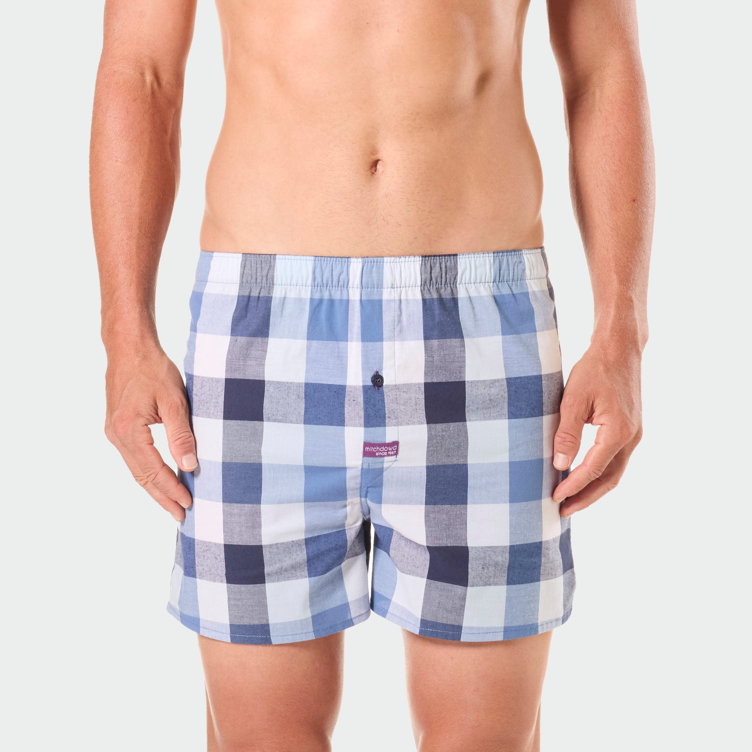 Men's Charlie Check Cotton Stretch Boxer Shorts - Breathable & Comfortable Underwear for Daily Wear, Lounge & Sleep - Blue