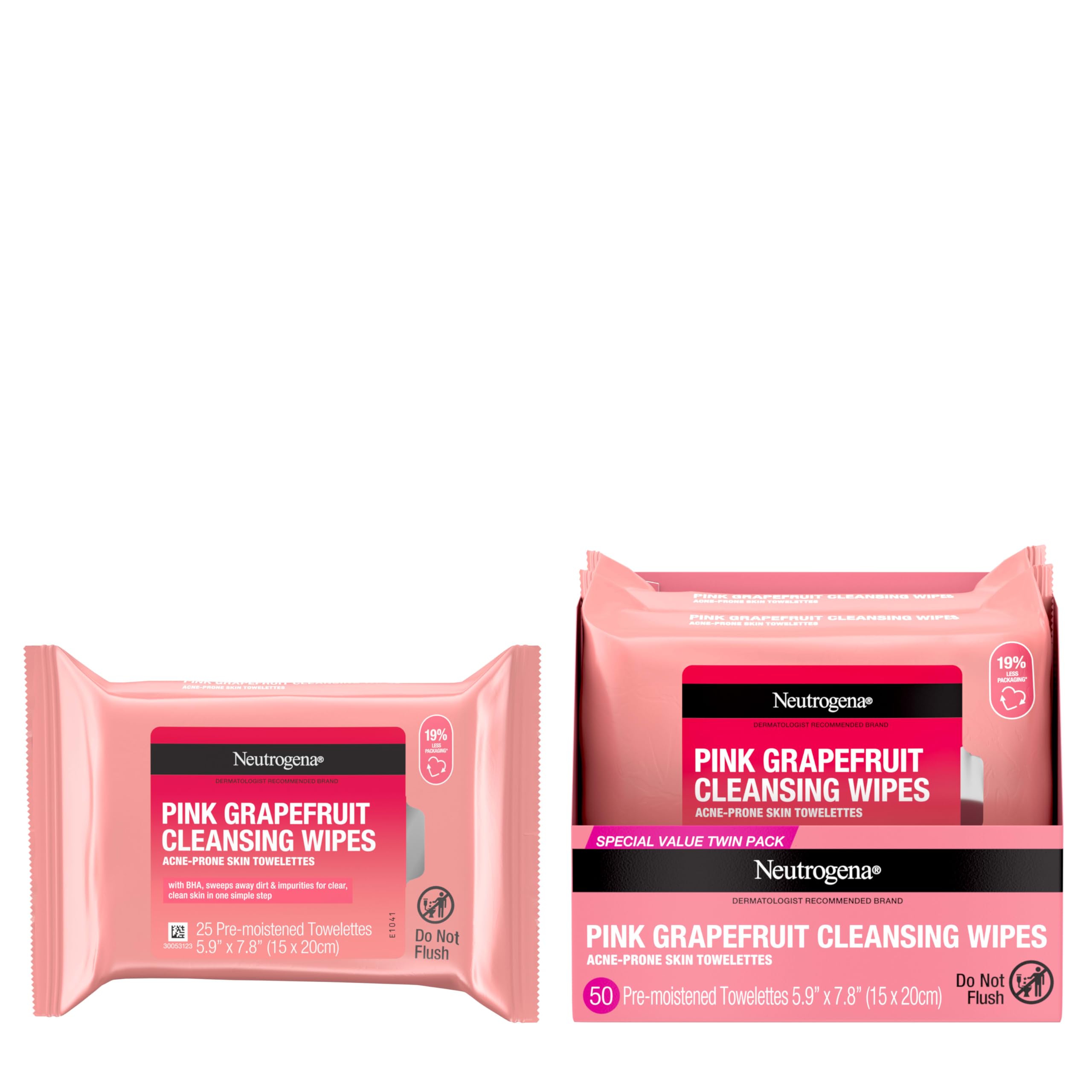 Neutrogena Pink Grapefruit Makeup Remover Wipes for Oily & Acne-Prone Skin - 50 Count Facial Cleansing Wipes with Natural Extract to Remove Bacteria, Dirt & Oil - Perfect for Travel, Gym & Quick Makeup Removal