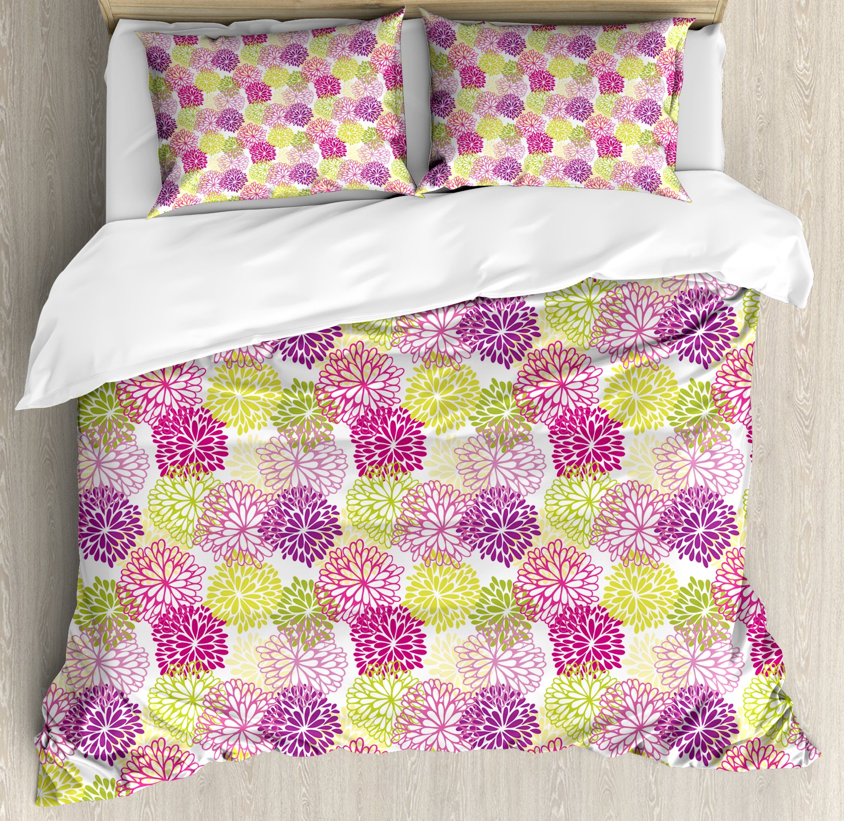 Ambesonne Floral Duvet Cover Set King Size - Vintage Abstract Floral Design with Romantic Elements in Magenta Violet Green - 3 Piece Bedding Set Includes Duvet Cover & 2 Pillow Shams - Perfect for Master Bedroom, Guest Room & Bohemian Home Decor