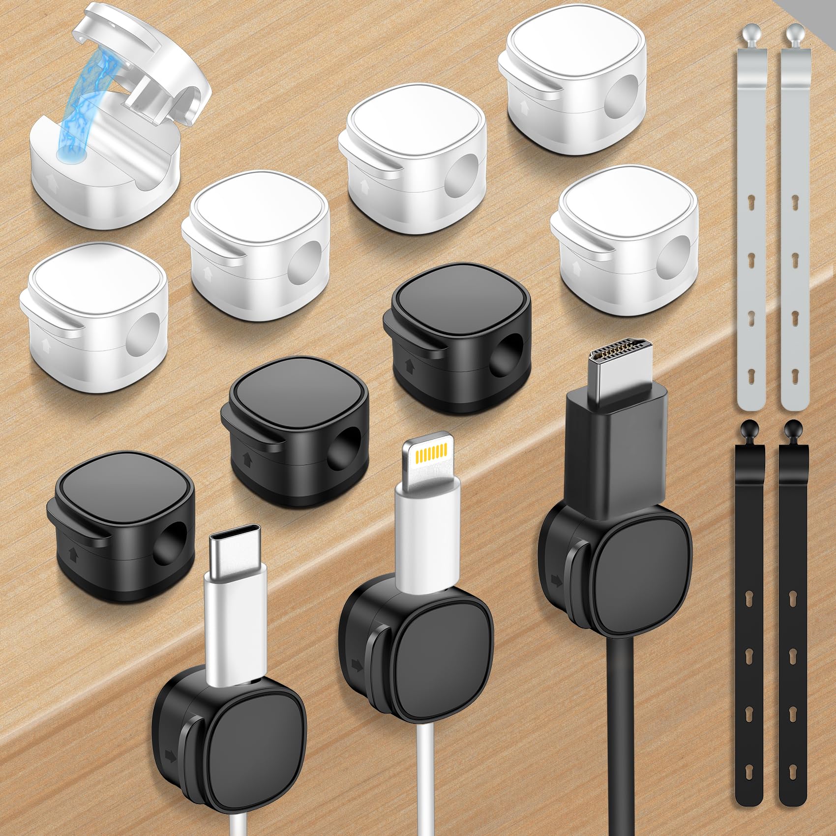 12 Pack Magnetic Cable Clips & Silicone Cable Ties - Adjustable Under Desk Cable Organizer with Adhesive for Home & Office Use - Perfect for Desk, TV, Computer, and Charging Station Cable Management