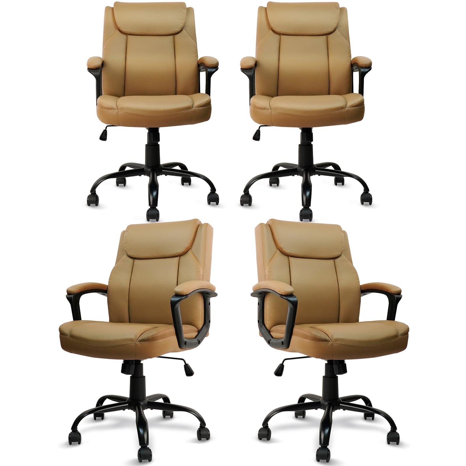 CLATINA Brown PU Leather Executive Office Chair - Adjustable Height, Swivel, Mid-Back with Thick Cushion & Fixed Armrests - 4 Pack Set for Home Office, Gaming & Workspace (Brown)