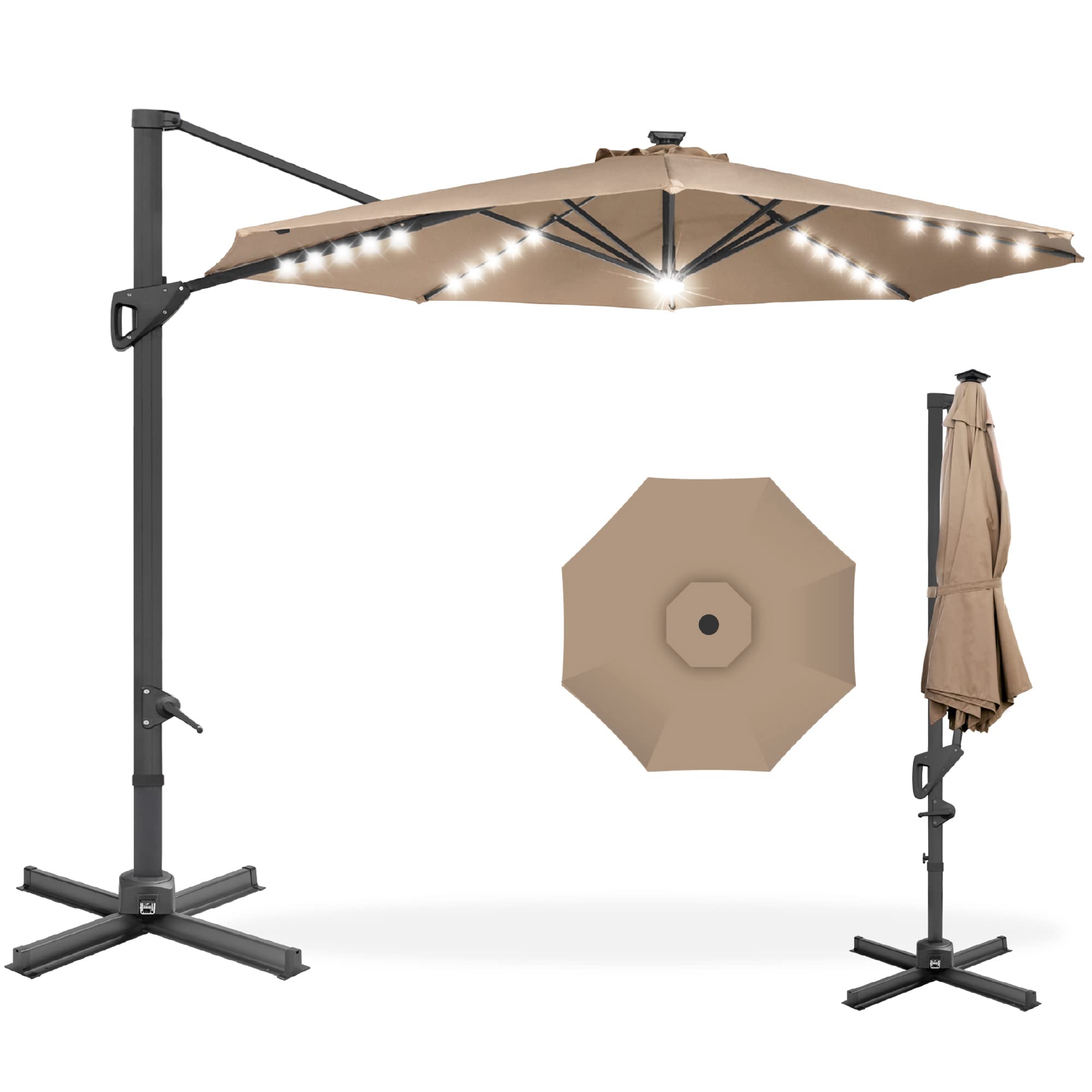Best Choice Products 10ft Solar LED Cantilever Patio Umbrella - 360° Rotating Hanging Offset Outdoor Sun Shade with Lights for Backyard, Deck, Poolside - Easy Tilt & Cross Base - Perfect for Outdoor Dining, Lounging, and Summer Relaxation
