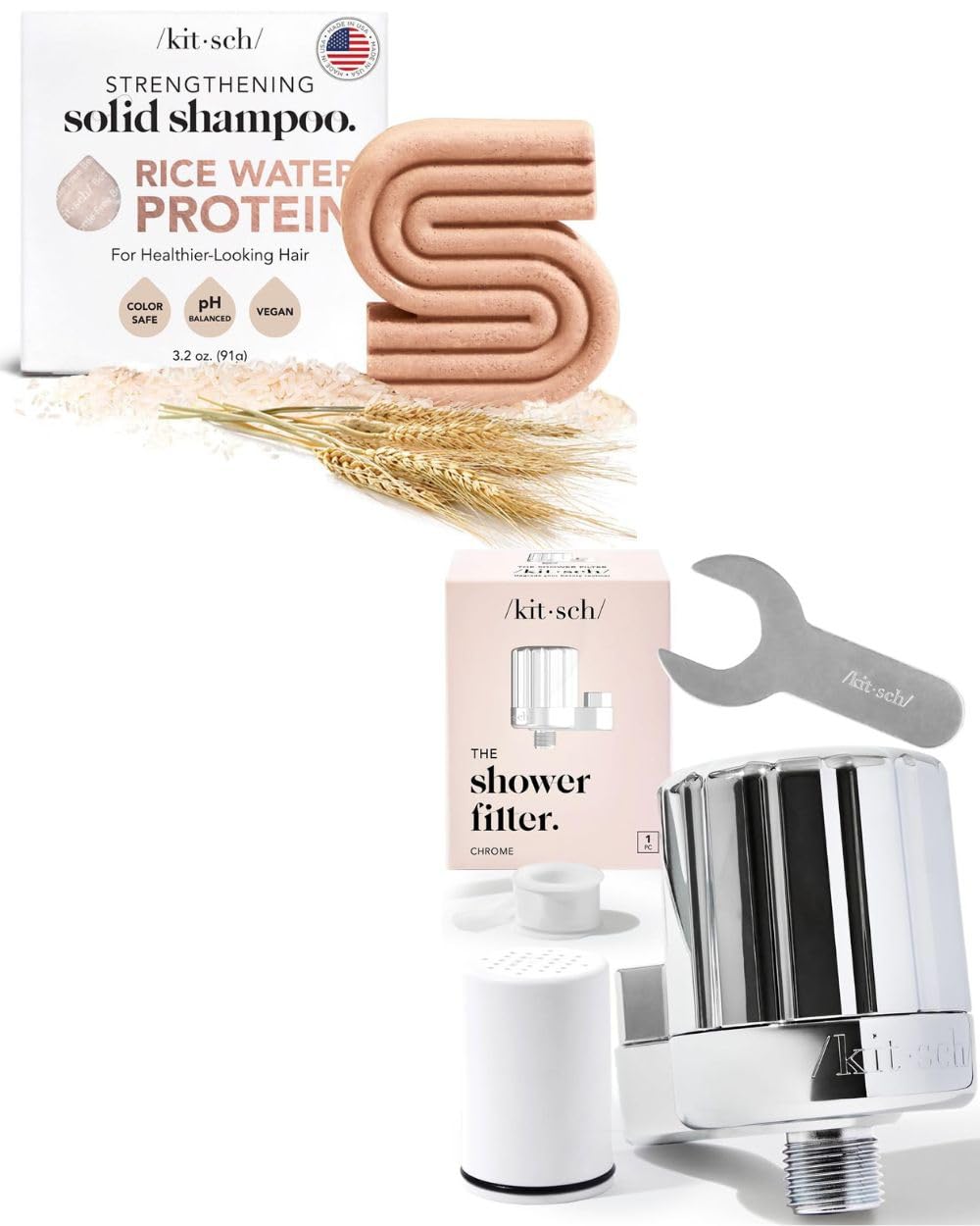 Kitsch Rice Water Shampoo Bar & Shower Head Filter Set - Sulfate Free Hair Care & Water Purifier for Healthy Scalp | Perfect for Travel, Eco-Friendly Bathroom & Hard Water Areas