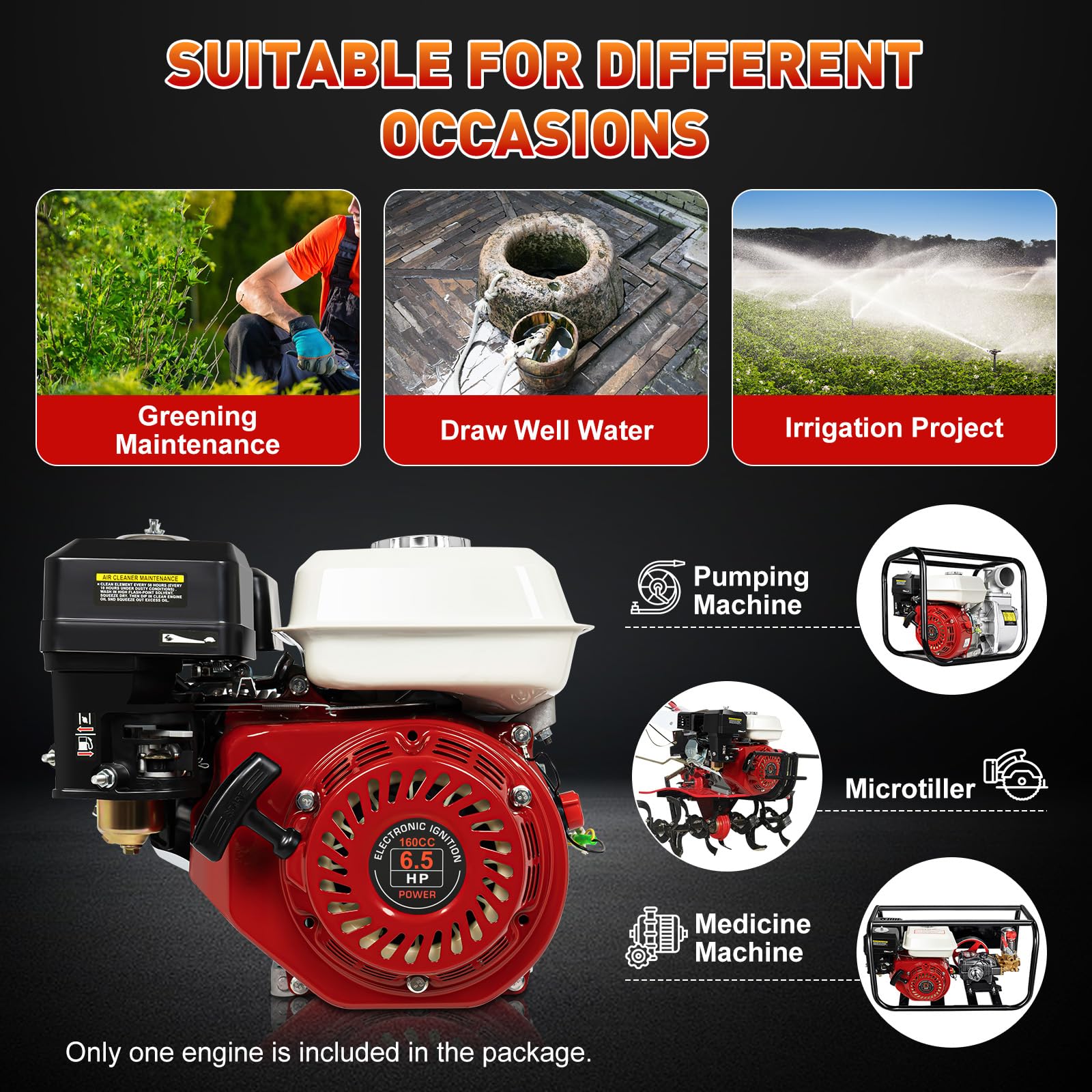 6.5HP 160CC 4-Stroke Gas Engine with Pull Start - Single Cylinder Motor for Water Pump, Agricultural Machinery, Power Tools & More - Ideal for Farming, Landscaping & Industrial Applications