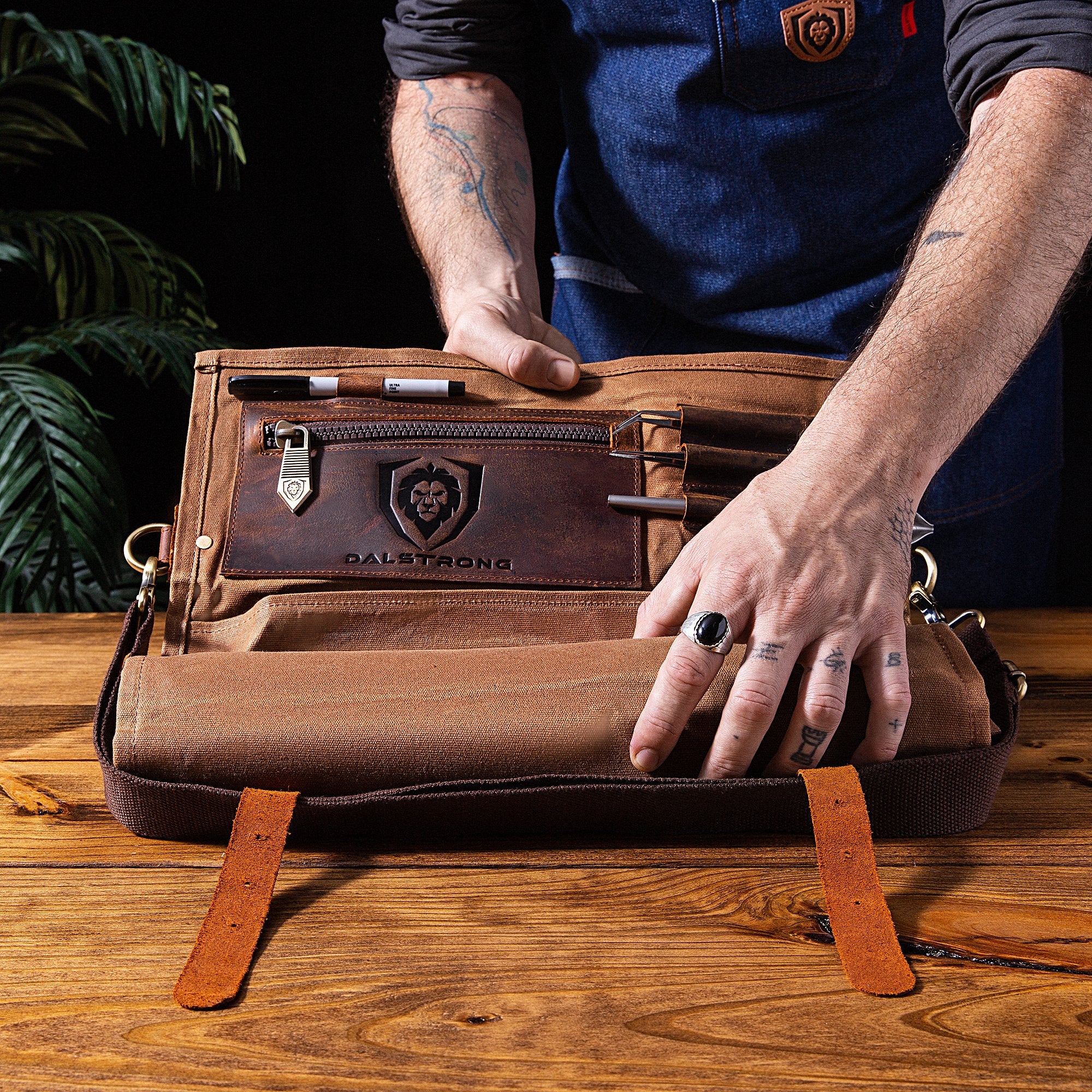 12oz Heavy Duty Canvas & Leather Knife Roll - Desert Drifter Brown - Professional Chef Knife Organizer - Dalstrong © - Perfect for Chefs, BBQ & Camping Gear Storage