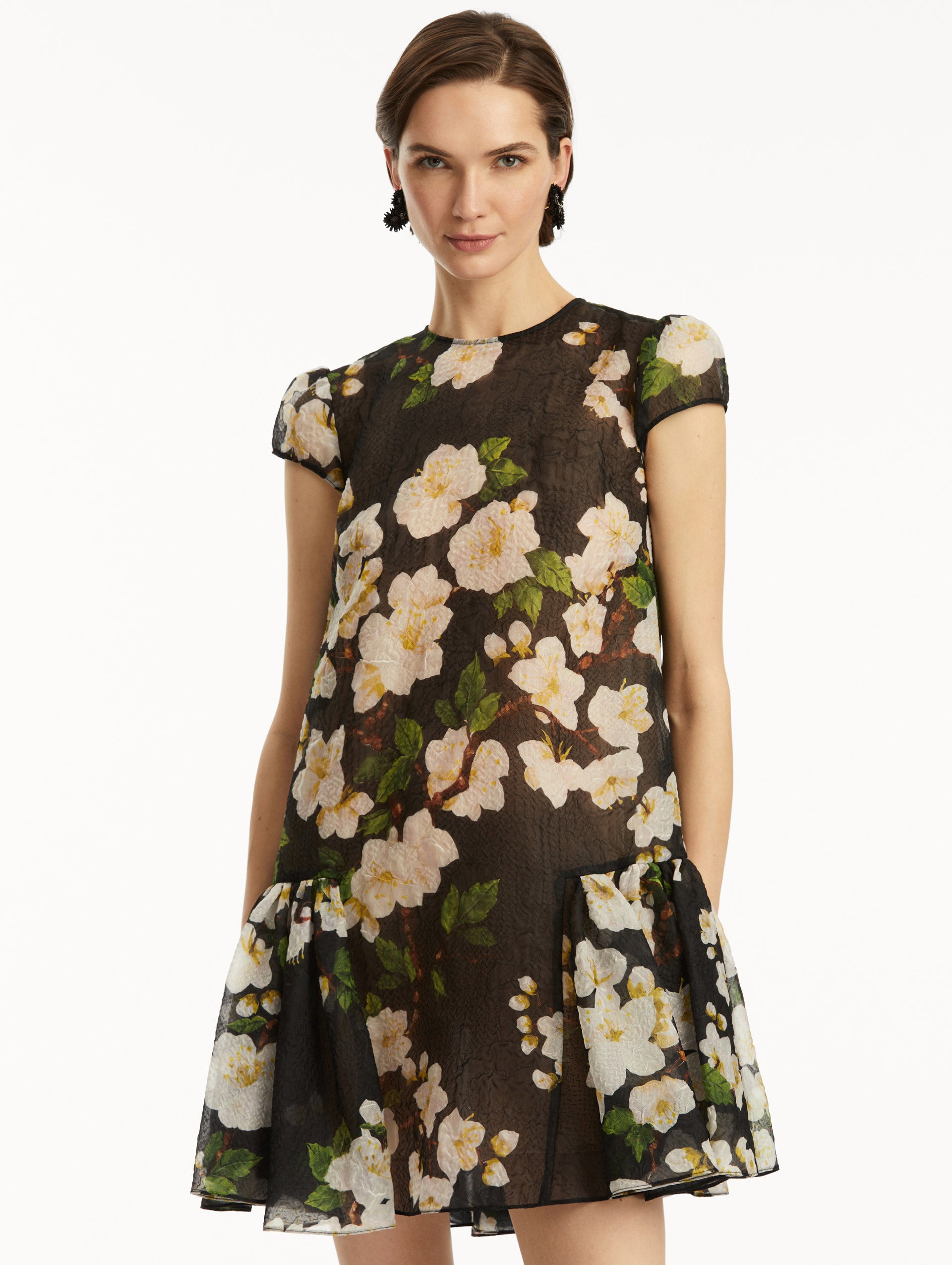 Elegant Drop Waist Cherry Blossom Cloqué Dress for Women - Floral Print Party & Wedding Guest Dress - Perfect for Spring Events, Date Nights & Special Occasions