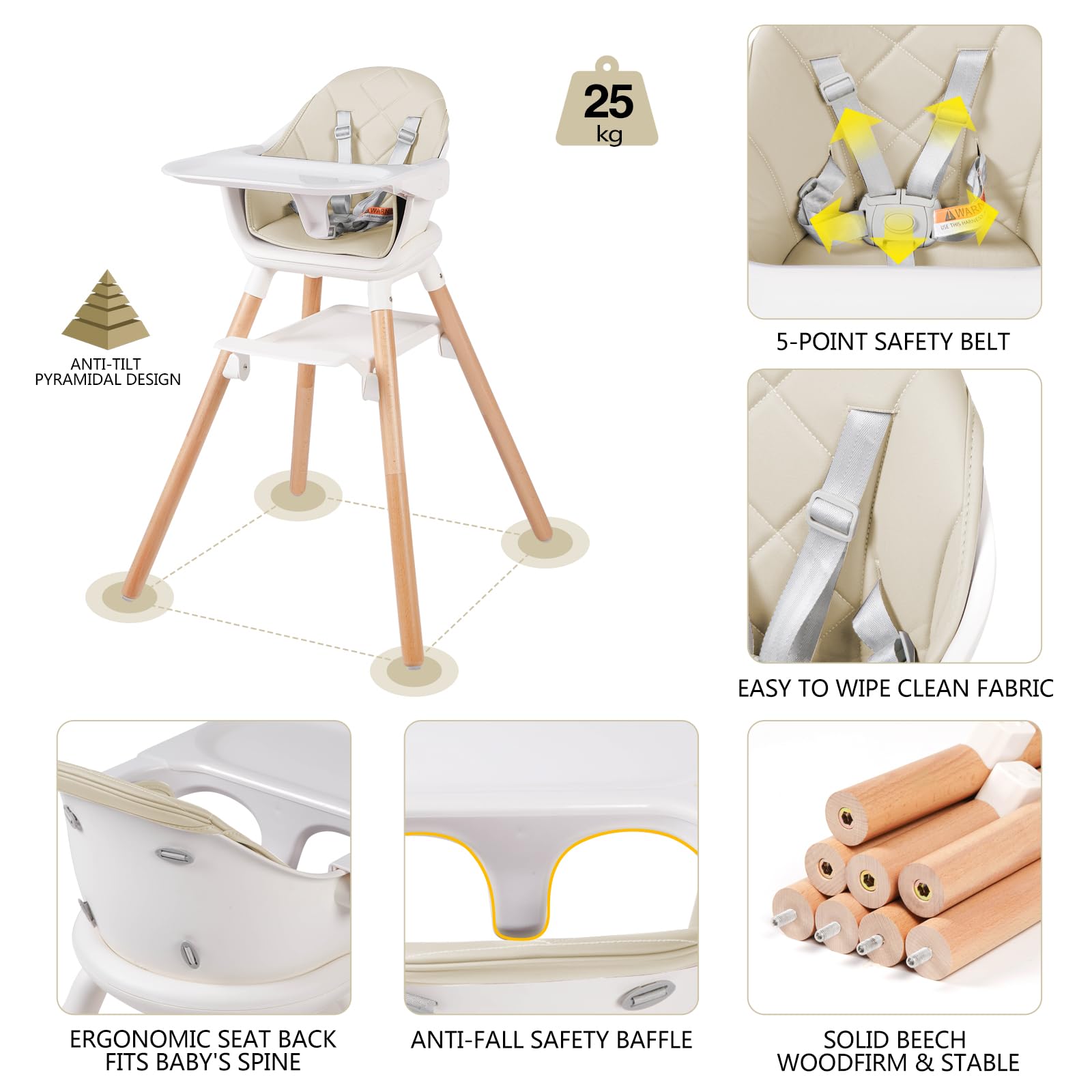 6-in-1 Convertible Wooden High Chair for Babies & Toddlers | Adjustable Height with Removable Double Tray & Footrest | Perfect for Feeding, Playtime & Learning at Home