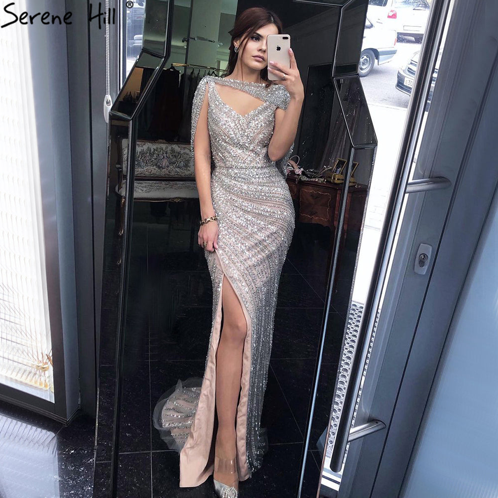 Elegant Silver Mermaid Evening Dress with Cape - Dubai Style Wedding Gown LA70752 for Bridal Party, Prom & Formal Events