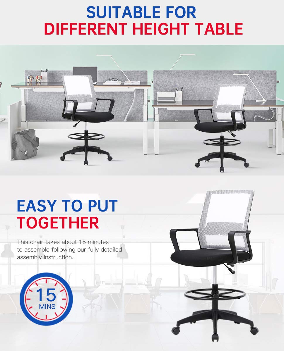 Ergonomic Adjustable Height Drafting Chair for Home Office - Tall Standing Desk Chair with Lumbar Support, Arms & Footrest - Mid Back Mesh Computer Chair with Swivel & Wheels - Perfect for Architects, Designers & Long Work Sessions (White)